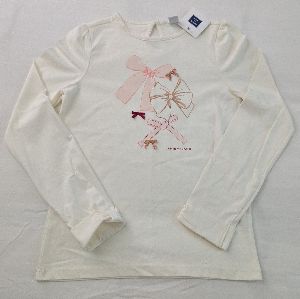 Janie and Jack White Long Sleeve Shirt with Pink Ribbons